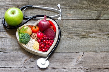 Nutritional foods in a heart-shaped bowl